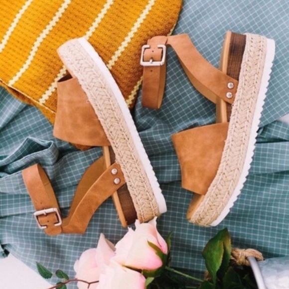 Shoes - Tan Vegan leather peep toe buckle espadrille wedge